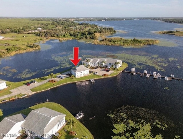 aerial view featuring a water view