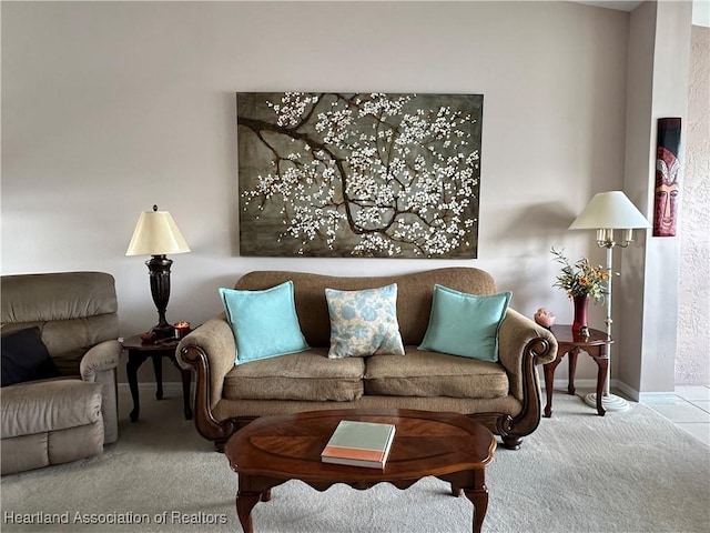 living area with baseboards and carpet floors
