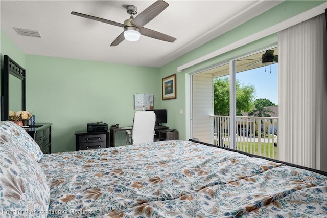 bedroom with visible vents, access to exterior, and a ceiling fan