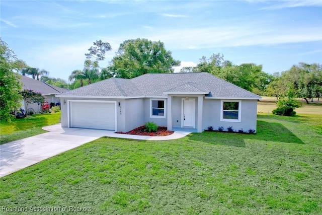 ranch-style home featuring a front yard, stucco siding, and an attached garage