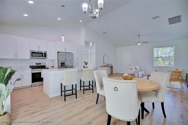 dining area featuring a ceiling fan, light wood-style flooring, high vaulted ceiling, and visible vents