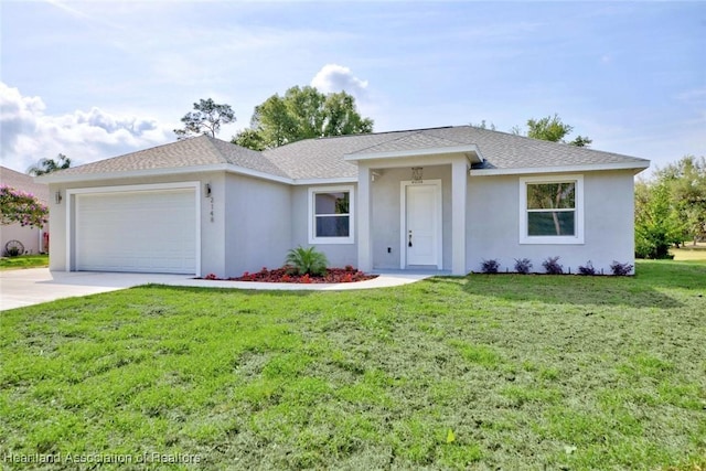 single story home featuring stucco siding, driveway, a front lawn, a garage, and a shingled roof
