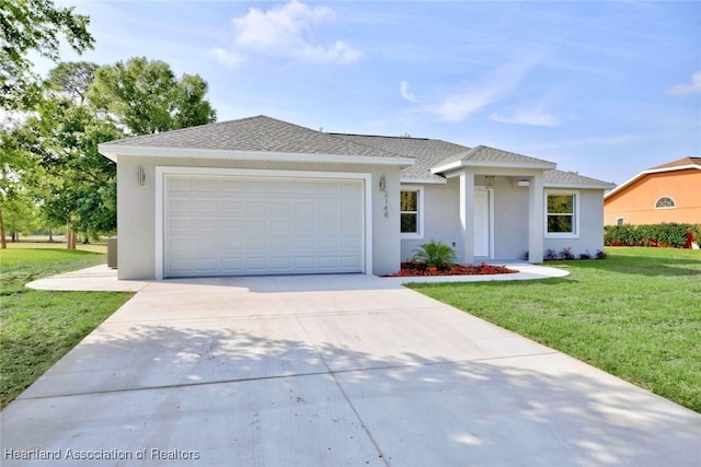 view of front of home with concrete driveway, stucco siding, a front lawn, a shingled roof, and a garage
