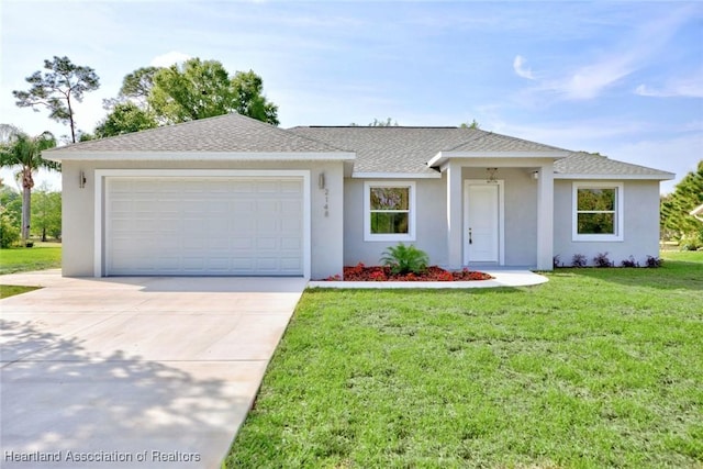 single story home with an attached garage, concrete driveway, a front lawn, roof with shingles, and stucco siding
