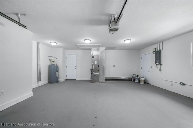 garage featuring heating unit, water heater, electric panel, and a garage door opener