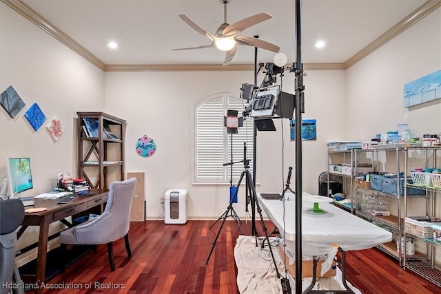 office space with recessed lighting, crown molding, a ceiling fan, and wood finished floors