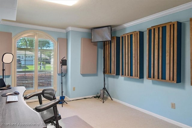 carpeted office space featuring baseboards and ornamental molding