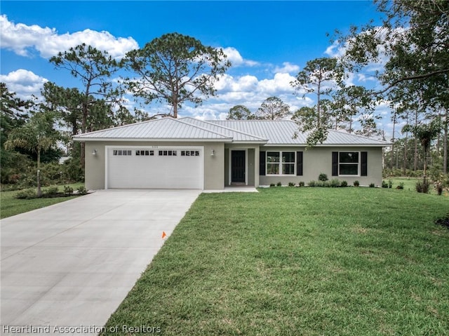 ranch-style home with a garage and a front yard