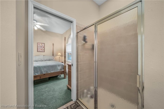 bathroom featuring an enclosed shower and ceiling fan