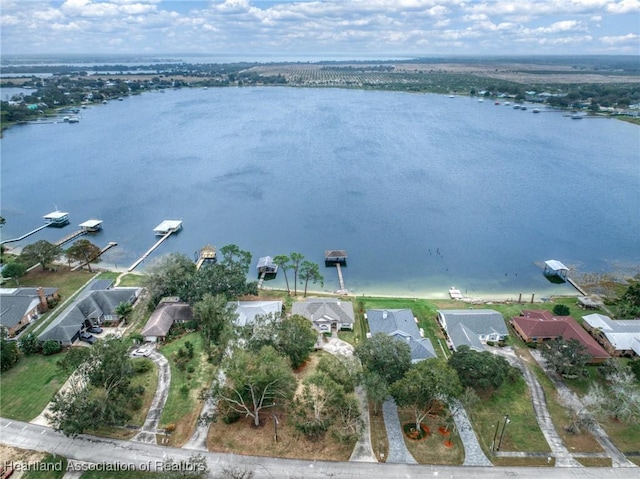 aerial view featuring a water view