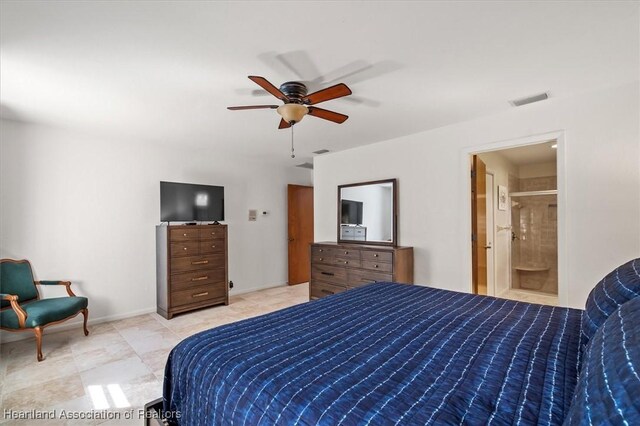 bedroom with a ceiling fan, visible vents, and light tile patterned flooring