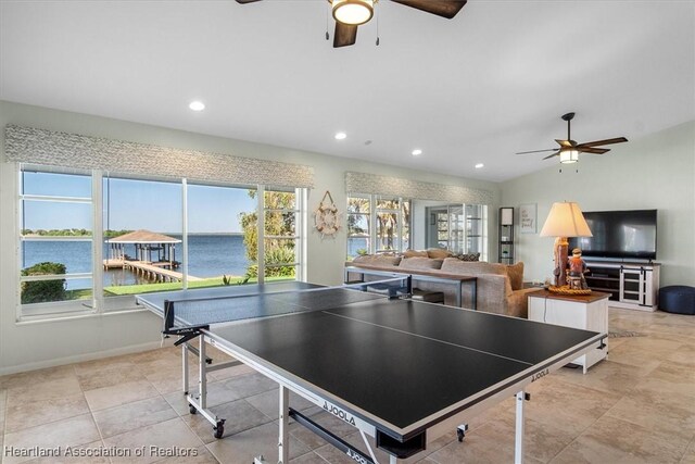 recreation room with recessed lighting, a ceiling fan, and baseboards