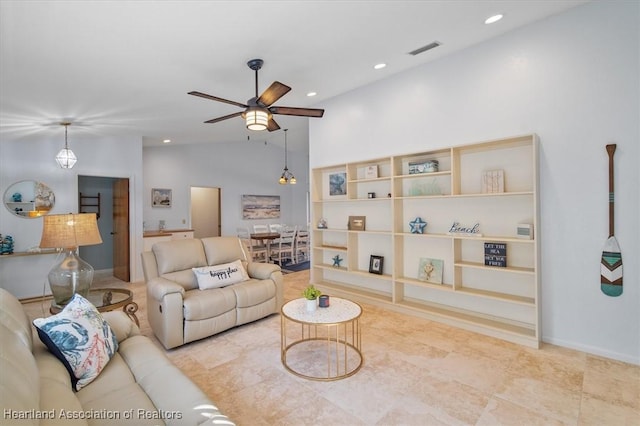 living room with visible vents, recessed lighting, ceiling fan, and vaulted ceiling