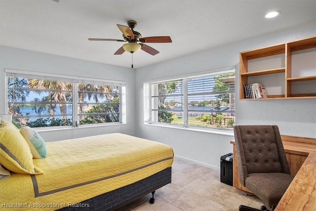 bedroom with baseboards, a ceiling fan, recessed lighting, and light tile patterned flooring