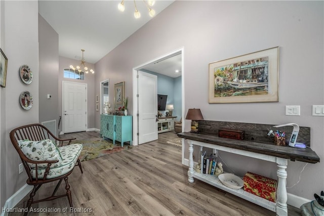 entrance foyer featuring a chandelier, hardwood / wood-style floors, and a high ceiling