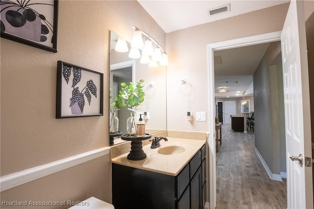 bathroom featuring visible vents, vanity, and wood finished floors