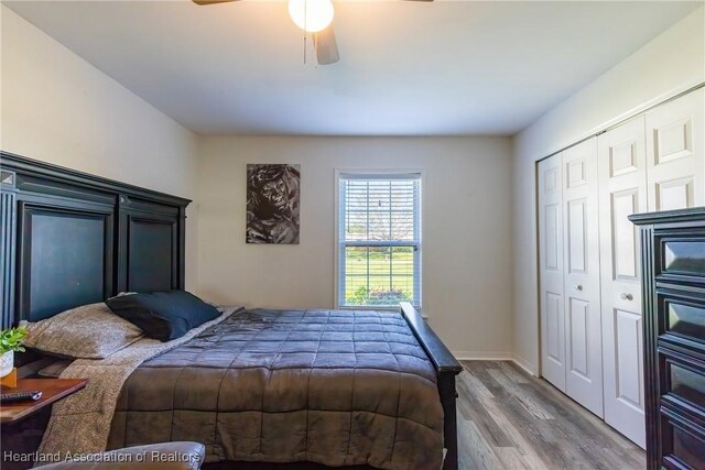 bedroom with a ceiling fan, a closet, and wood finished floors