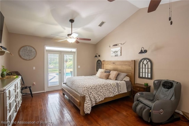 bedroom with access to exterior, dark wood-style flooring, french doors, visible vents, and vaulted ceiling