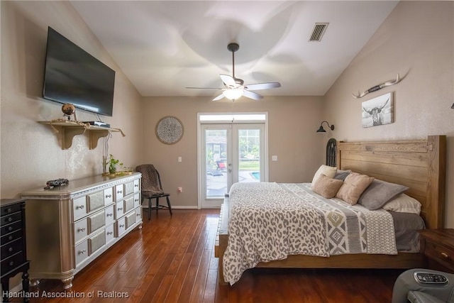 bedroom featuring dark wood-style flooring, french doors, visible vents, vaulted ceiling, and access to outside