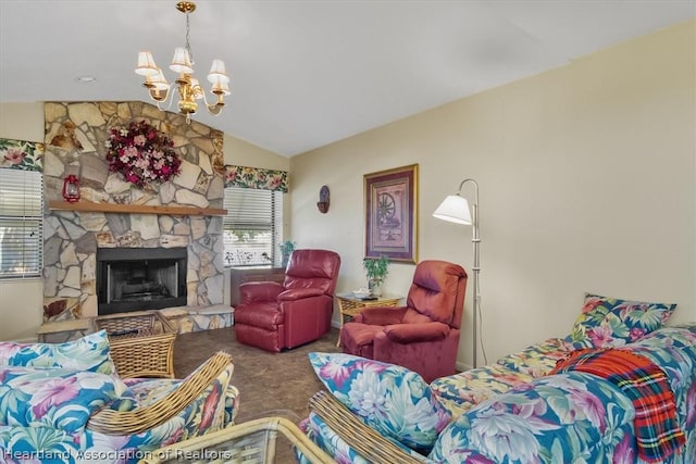 living room with a stone fireplace, vaulted ceiling, and an inviting chandelier