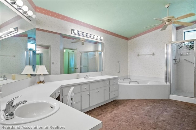 bathroom with shower with separate bathtub and vanity