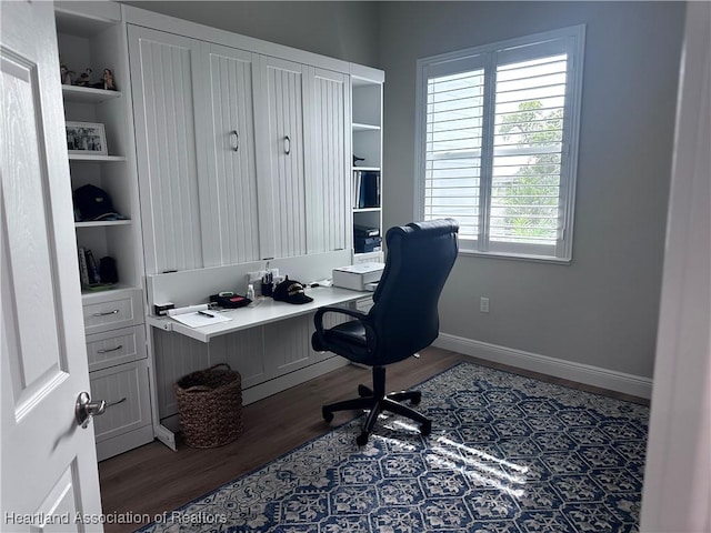 office space featuring dark hardwood / wood-style flooring, built in features, and built in desk