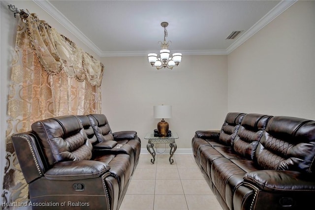 living room featuring light tile patterned floors, ornamental molding, and a chandelier