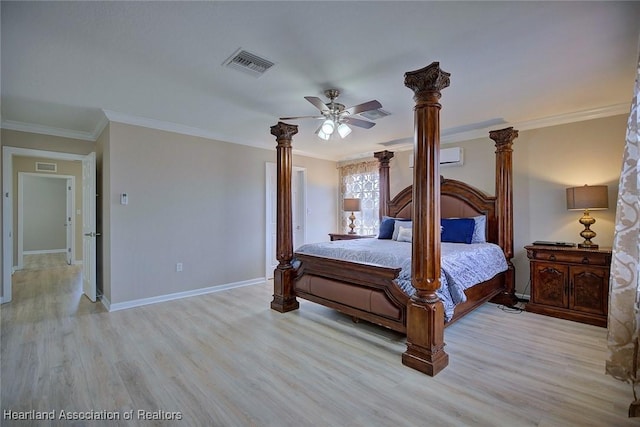 bedroom with ornate columns, crown molding, and light wood-type flooring