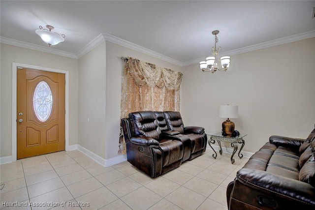 tiled foyer with crown molding and an inviting chandelier