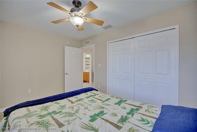 bedroom with ceiling fan and a closet