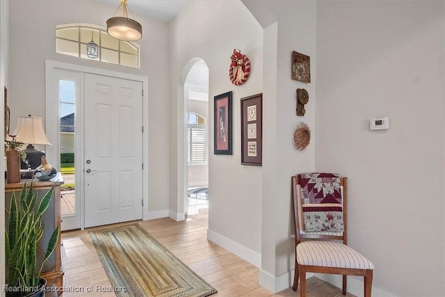 entrance foyer with a high ceiling and light hardwood / wood-style flooring