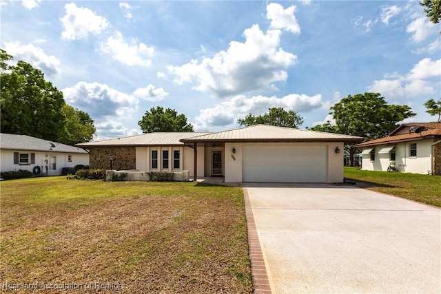 1811 Jackson Dr, Sebring, FL 33870 - ranch-style home featuring metal roof, driveway, an attached garage, a front yard, and stucco siding