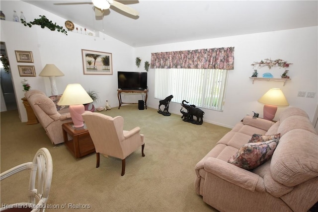 living room with vaulted ceiling, light carpet, and ceiling fan