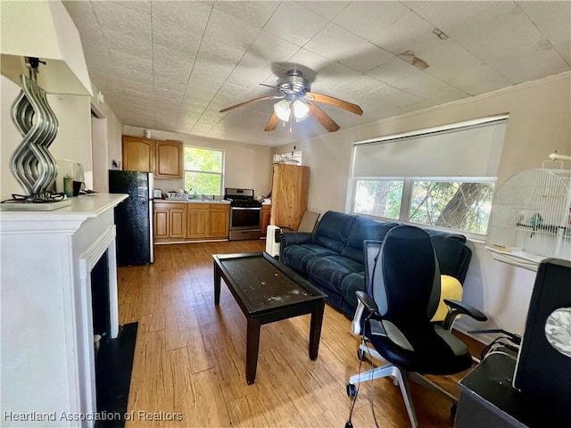 living area featuring light wood-style floors and ceiling fan