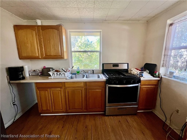 kitchen featuring light countertops, dark wood-style flooring, gas stove, and a sink