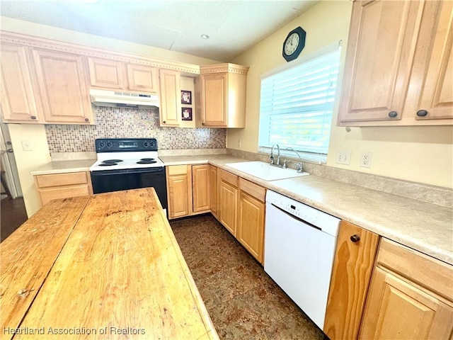 kitchen featuring butcher block countertops, light brown cabinets, white appliances, and sink