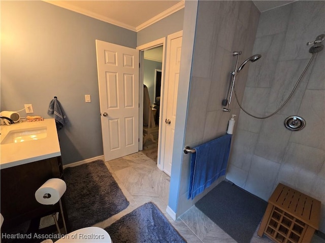 2068 Oak Blvd, Sebring, FL 33875 - bathroom featuring ornamental molding, tiled shower, marble finish flooring, and vanity