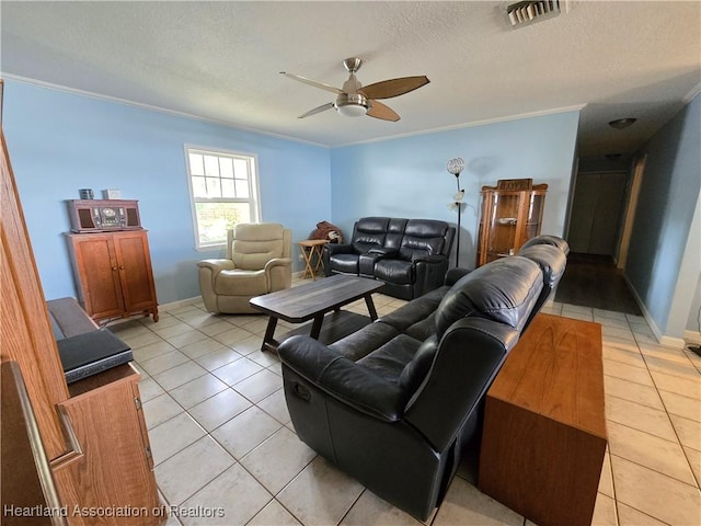 2068 Oak Blvd, Sebring, FL 33875 - living area featuring a ceiling fan, light tile patterned flooring, a textured ceiling, and crown molding