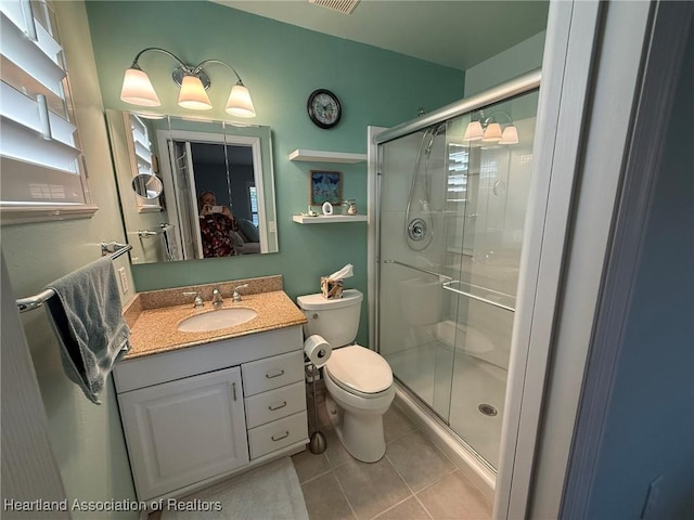 full bath featuring visible vents, a stall shower, toilet, tile patterned floors, and vanity