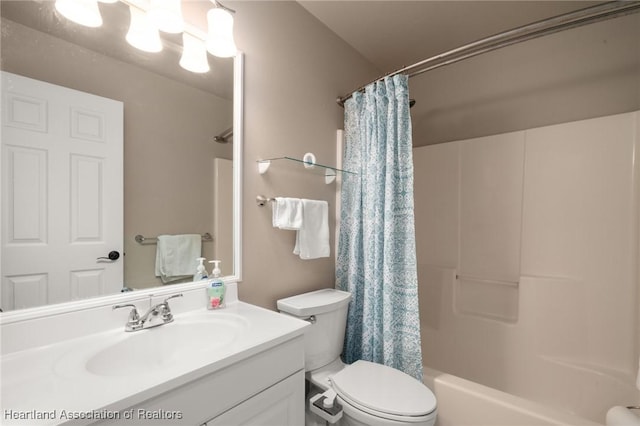 full bathroom with shower / bathtub combination with curtain, toilet, and vanity