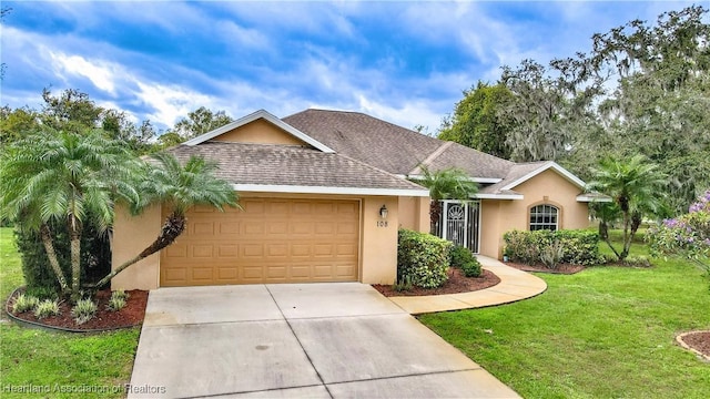 ranch-style home featuring a front lawn and a garage