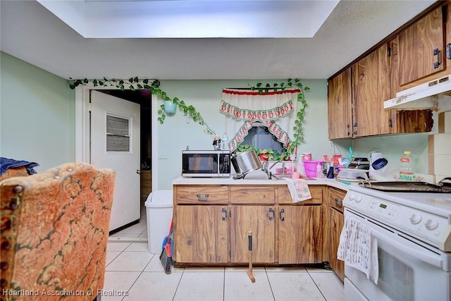 612 Denise Ave, Sebring, FL 33870 - kitchen featuring light tile patterned flooring, light countertops, white electric stove, brown cabinetry, and stainless steel microwave
