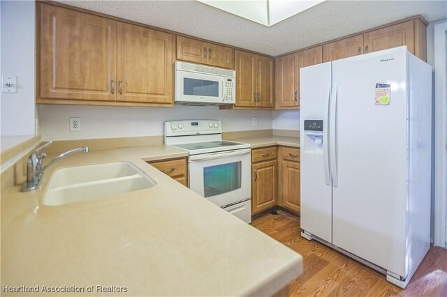 kitchen featuring a textured ceiling, light hardwood / wood-style floors, white appliances, and sink