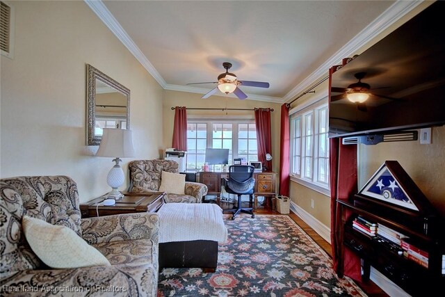 1831 Lakeview Dr, Sebring, FL 33870 - living area with ceiling fan, wood finished floors, ornamental molding, and baseboards