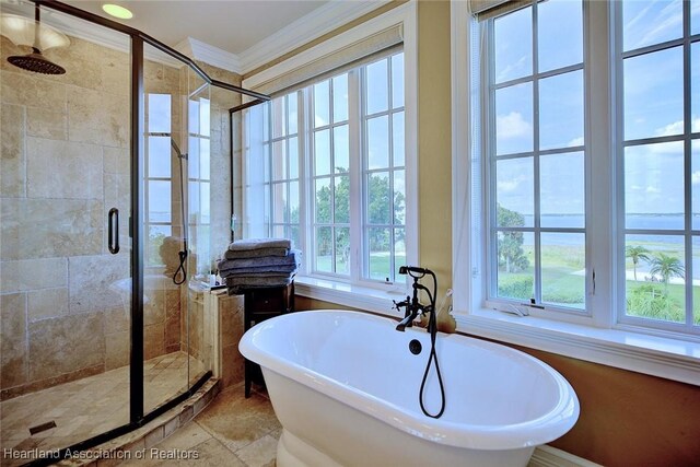 1831 Lakeview Dr, Sebring, FL 33870 - full bathroom featuring ornamental molding, a soaking tub, and a stall shower