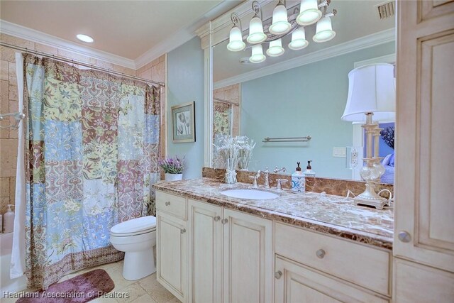 1831 Lakeview Dr, Sebring, FL 33870 - full bath with vanity, toilet, crown molding, and tile patterned floors