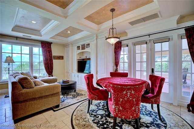 1831 Lakeview Dr, Sebring, FL 33870 - dining room featuring ornamental molding, coffered ceiling, healthy amount of natural light, stone tile floors, and beam ceiling