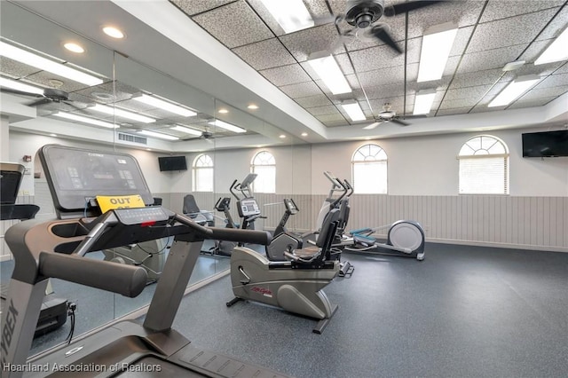 18210 Mediterranean Blvd Unit 5-20, Hialeah, FL 33015 - workout area with a ceiling fan, a paneled ceiling, wainscoting, and recessed lighting