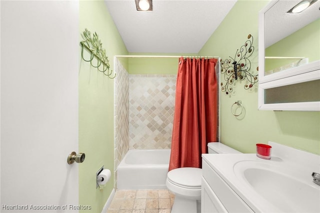 full bathroom featuring vanity, shower / bathtub combination with curtain, toilet, and a textured ceiling