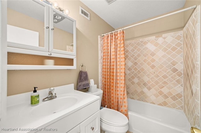 bathroom featuring toilet, visible vents, shower / bath combination with curtain, and vanity